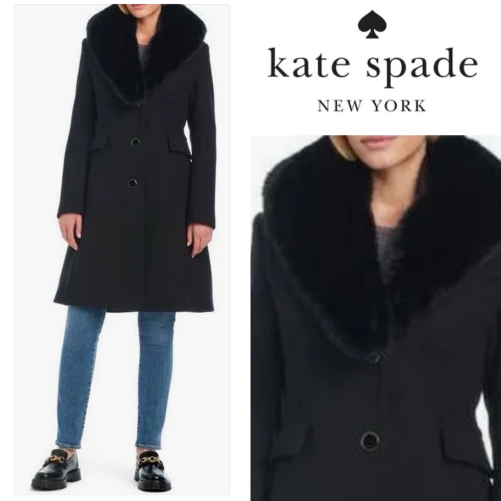 Kate Spade Black wool Fur Collar Coat size large ike new
